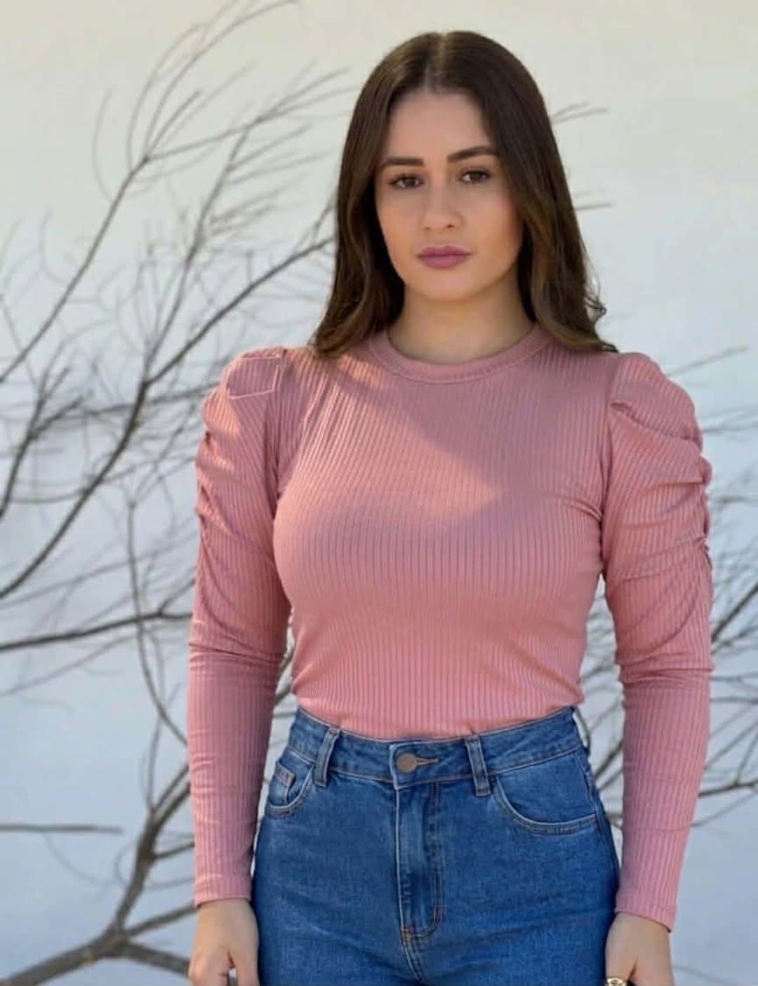 Top Côtelé Ajusté Rose Poudré