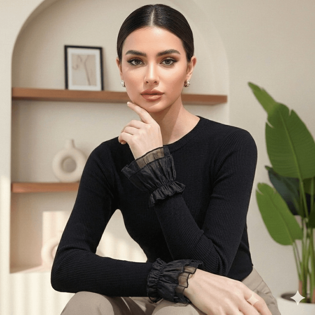 Pull Noir Volants Élégant